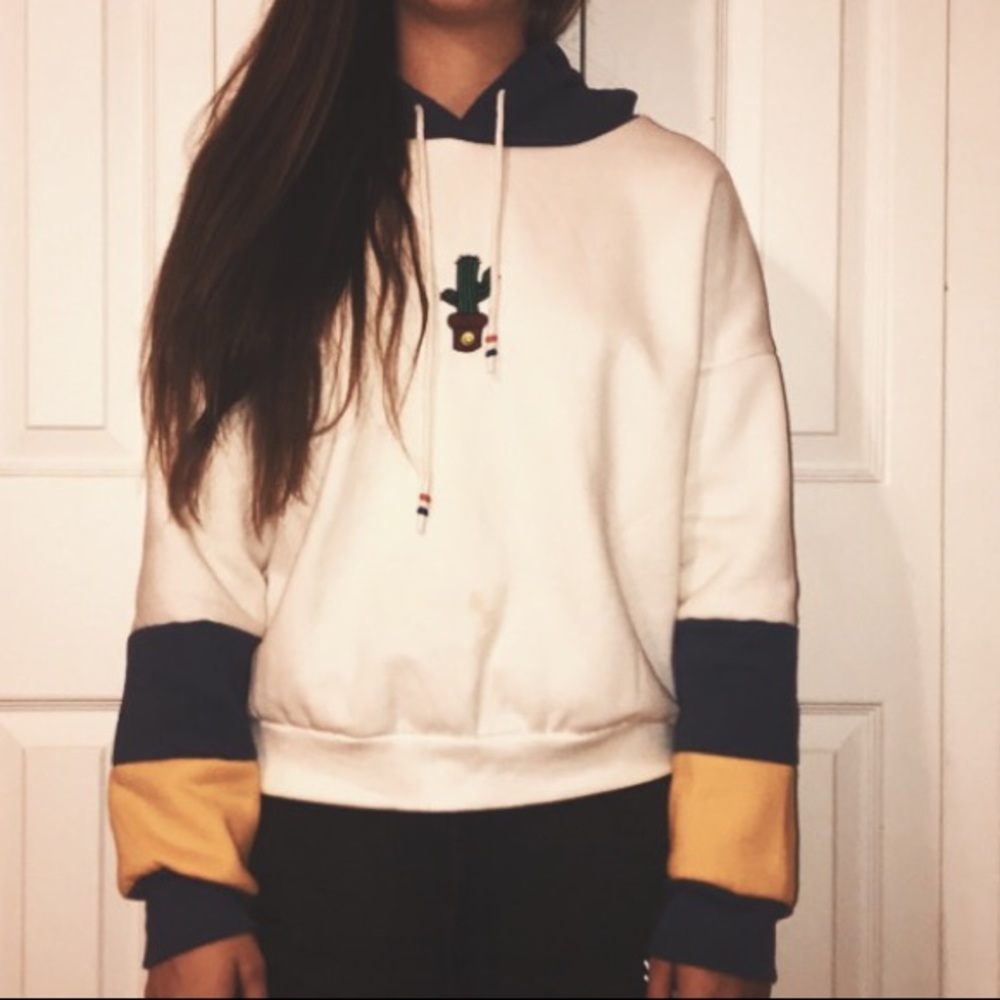 White Hoodie with Blue and Yellow Sleeves